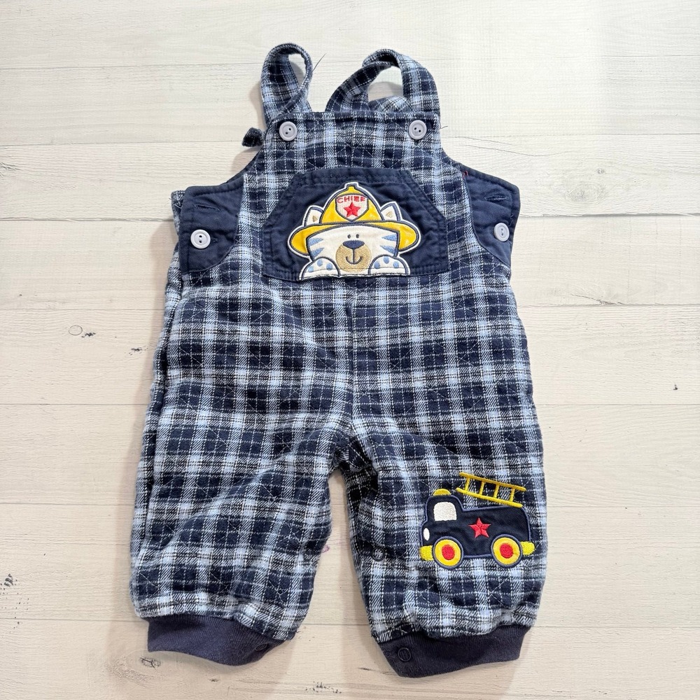 Vintage quilted fire chief cat fireman baby boy overalls 6/9‎ months